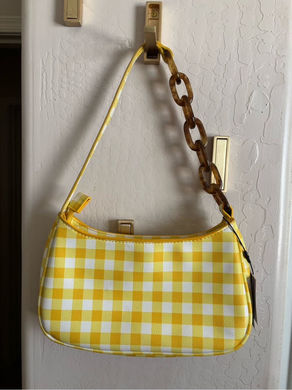 NWT House of Want Yellow Gingham  Shoulder Bag with Tortoiseshell Chain